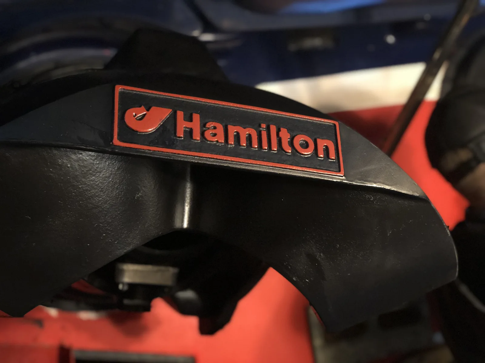 Hamilton badge on a jet drive intake guard