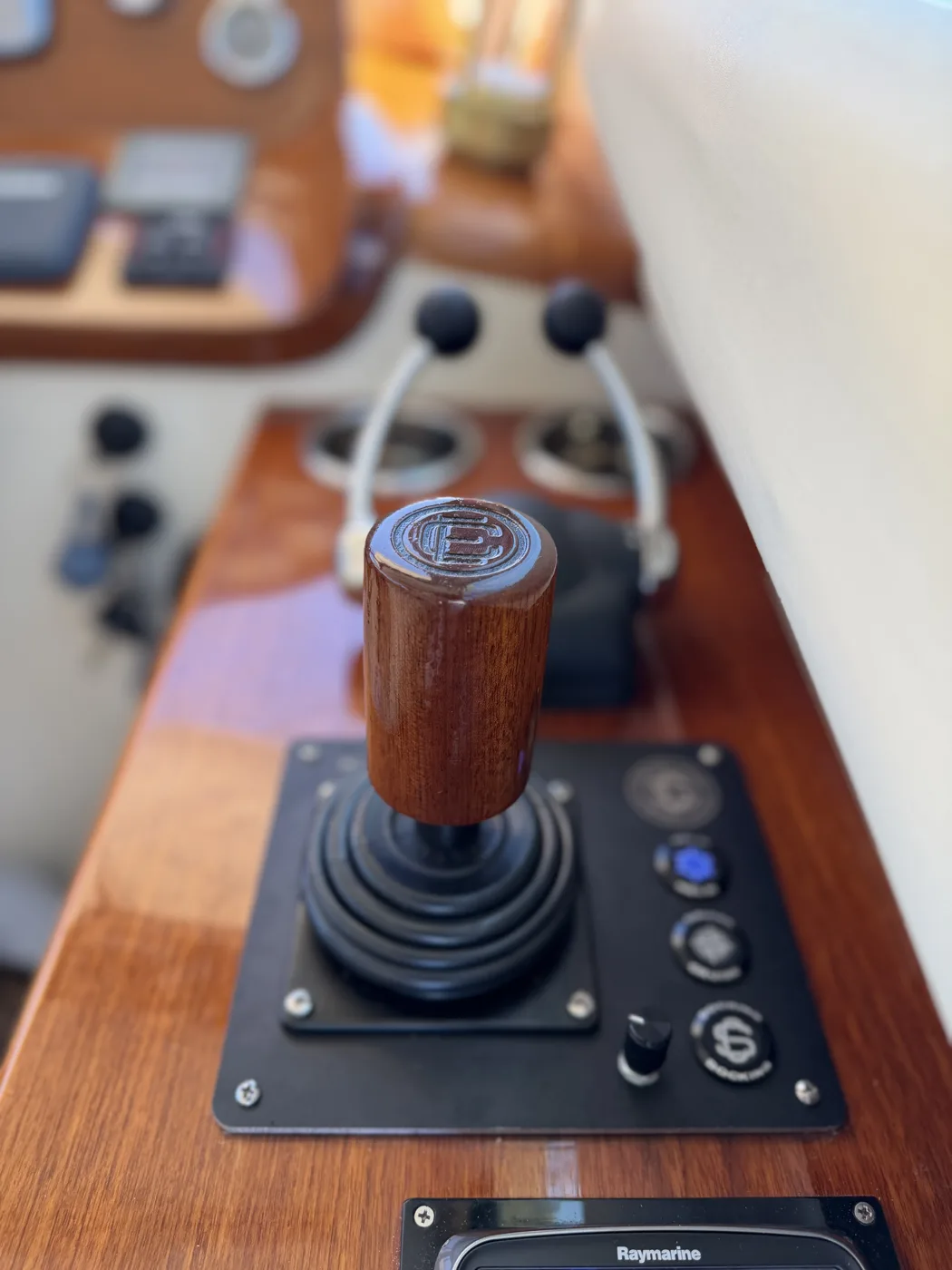 Hamilton Jet joystick control in a varnished teak helm