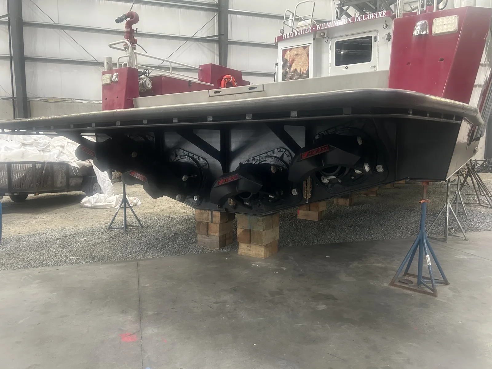 Twin jet drives on a workboat blocked in the shop